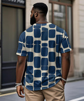 Men's Plus Size Blue Geometric Print Henry Collar Button Short Sleeve T-shirt